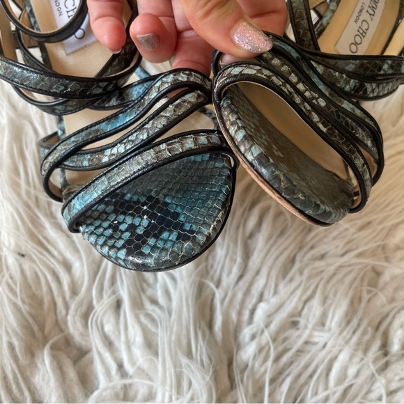 Jimmy Choo Vargo Strappy Snake-Embossed Leather Blue Teal Heeled Sandals Size 38 - Picture 8 of 10